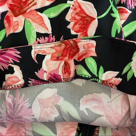 Black, Pink, and Green Vibrant Floral Print A-Line Skirt w/ Zipper and Elastic - Picture 5 of 7